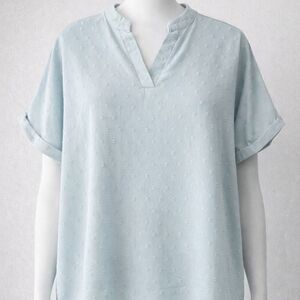 Light Blue/Green Women's Split-Neck Short Sleeve Top